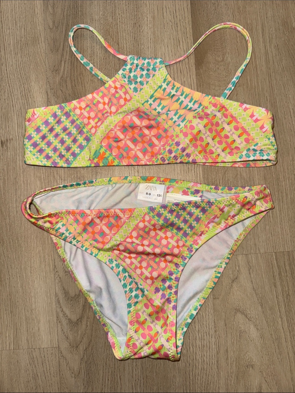 Zara Girls Multicolor Patchwork Bikini — Pink, Yellow, Green, Blue